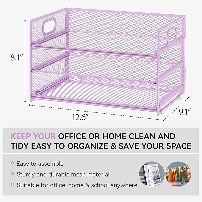 Subekyu 3 Tier Letter Tray Paper Organizer with Handle and 1 PC Sliding Tray, Purple Metal Mesh Desk File Folder Paper Sorter Organizer for Home Office School Desk Supplies Organization Storage