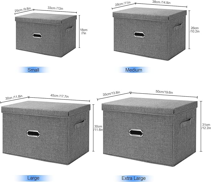 Large Linen Fabric Foldable Storage Bins with Removable Lid and Handles, Washable Storage Box Organizer Containers Baskets Cube with Cover for Bedroom,Closet,Office (Coffee, Large(2-Pack))