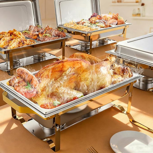 SIOTMERA 9QT Chafing Dishes for Buffet 4 Pack, Multiple Food Pans Thickened Stable Stainless Steel Chafing Dish Buffet Set, Rolled Edge Design Food Warmers for Party Catering Weddings, Gold and Silver