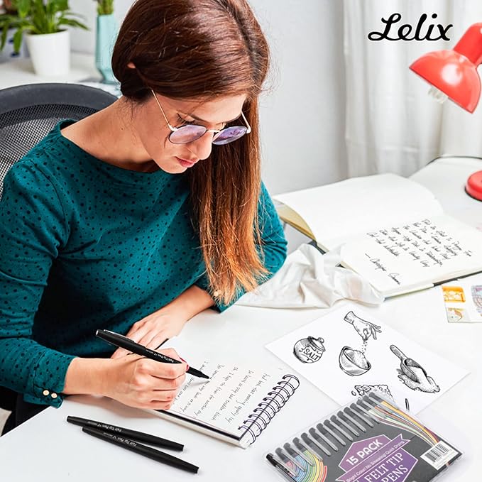 Lelix Felt Tip Pens, 15 Black Pack, 0.7mm Medium Point, Felt Tip Markers Pens for Journaling, Writing, Note Taking, Planner, Perfect for School Office and Art Supplies