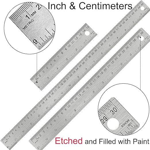 Metal Ruler Set [6+12+18 Inch] – Stainless Steel Rulers with Cork Backing, Non-Slip Measuring Tools with Inch & Centimeter Markings, Drafting and Office Use, Prevents Ink Leakage
