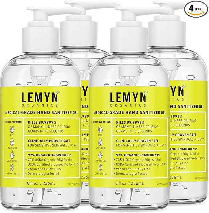 Medical Grade Hand Sanitizer Gel - 97% ORGANIC - 8 FL.OZ. with PUMP (PACK OF 4)