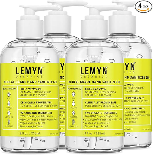 Medical Grade Hand Sanitizer Gel - 97% ORGANIC - 8 FL.OZ. with PUMP (PACK OF 4)