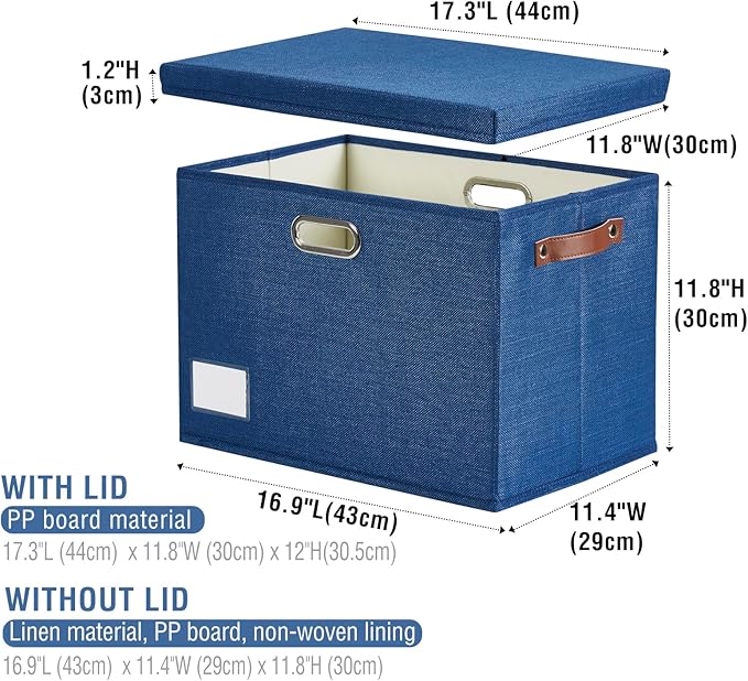 17" Large Collapsible Storage Bins with Lids, Stackable Closet Organizers with PU Handle and Labels, 3-Pack Decorative Fabric Storage Boxes for Home, Bedroom, Closet, Office, Nursery(Navy)