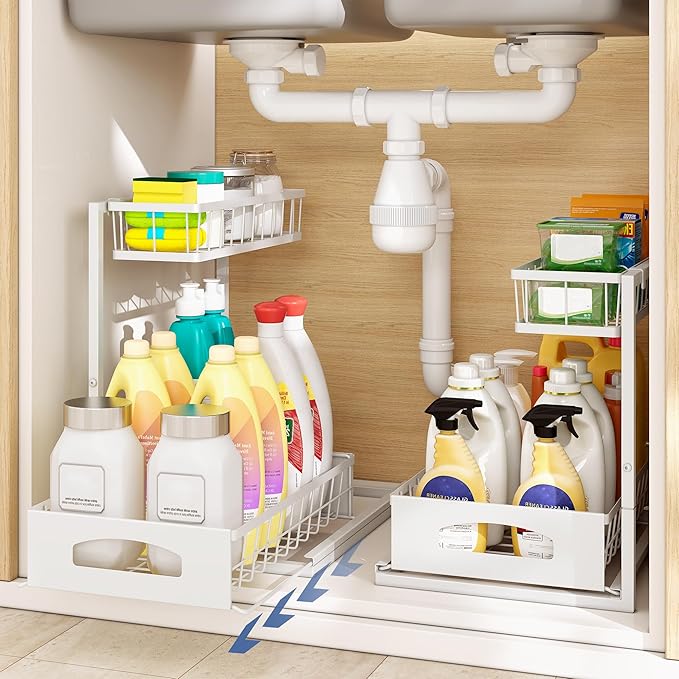 Under Sink Organizer, 2 Pack Height Adjustable Cabinet Organizer with Slide Out Drawer, Pull Out Under Sink Storage, Multi-Purpose 2 Tier Sink Shelves for Kitchen Bathroom Pantry (White, 2 Pack)