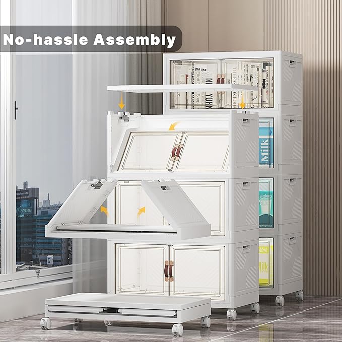 440Qt Stackable Storage Bins with Lids, 8 Pack Collapsible Bins with Wheels, Plastic Cabinet with Doors, Foldable Closet Organizers and Storage for Home, Dorm, Office, White