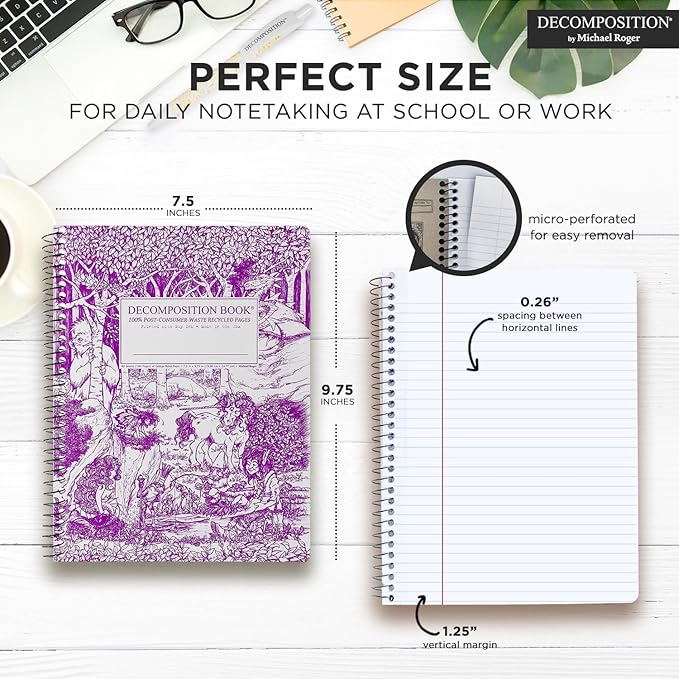 Decomposition Fairy Tale Forest College Ruled Spiral Notebook - 9.75 x 7.5 Journal with 160 Lined Pages - 100% Recycled Paper - Cute Notebooks for School Supplies, Home & Office - Made in USA