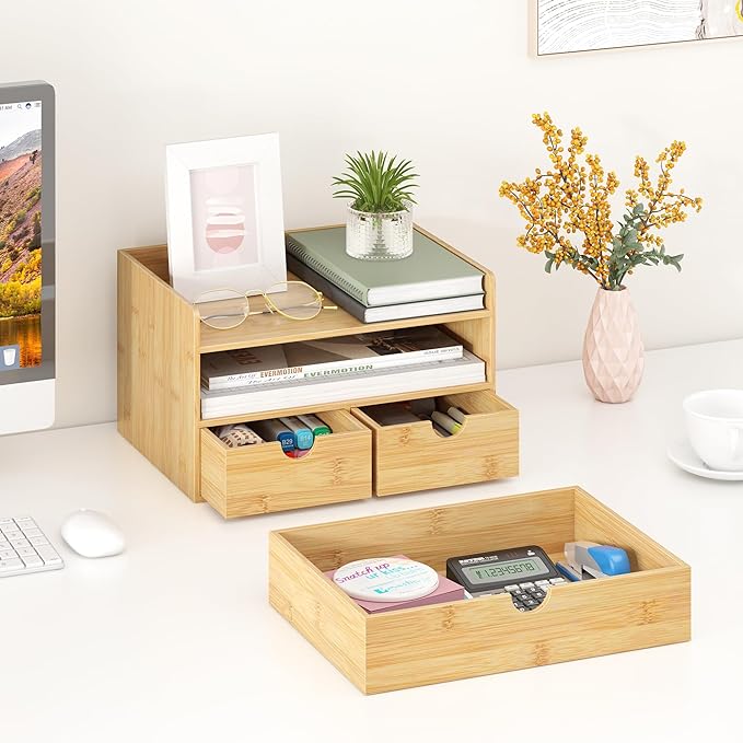 Desk Organizer With Drawers - Bamboo Wood Desktop Mail Organizer Storage Box for Office Home Bathroom Vanity Dresser Top, No Assembly Required (3 Drawers)