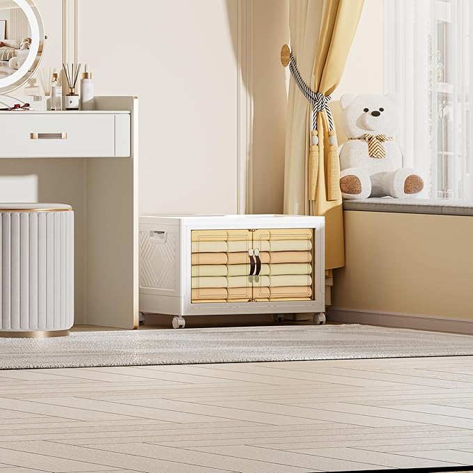 68 QT / 17 Gal Extra Wide Foldable Plastic Cabinet with Double Magnetic Doors & Leather Handles - Stackable, 4 Locking Wheels, Space Saving Storage for Small Spaces