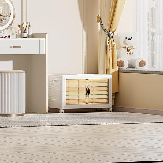 68 QT / 17 Gal Extra Wide Foldable Plastic Cabinet with Double Magnetic Doors & Leather Handles - Stackable, 4 Locking Wheels, Space Saving Storage for Small Spaces