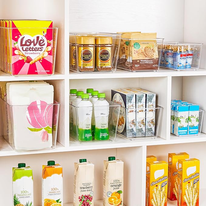 YIHONG Clear Plastic Storage Bins, 4 Pack Pantry Organizer Bins with Handle for Kitchen, Freezer,Cabinet,Closet Organization and Storage(XL)