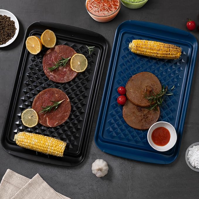 Melamine Grilling Prep and Serve Trays, Set of 2 Melamine Rectangular Serving Trays/Platters with Handle for Outdoor Parties and BBQ, Dishwasher Safe Food Tray,17''x10.5''. Blue and Black