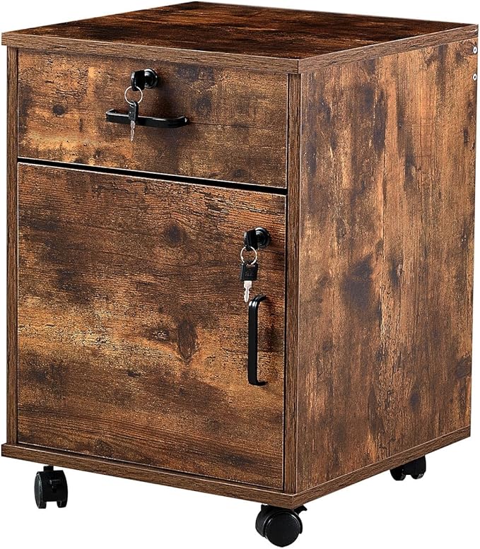 File Cabinet with Lock and Drawer, Mobile Under Desk Storage Cabinet with 360° Swivel Wheels, Wooden Filing Cabinet File Organizer for Legal/Letter/A4 Documents, Home Office Filing Cart (Brown)