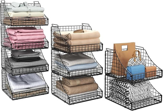 4-Pack Stackable Wire Baskets for Closet Organizers and Storage, Open Storage Bins for Clothes, Toys, and Snacks - Rustic Metal Closet Organizer and Shelves in Black