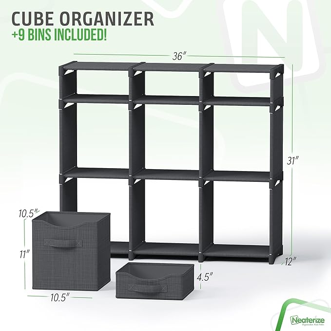 9 Cube Closet Organizers And Storage | Includes All Storage Cube Bins | Easy To Assemble Closet Storage Unit With Drawers | Room Organizer For Clothes, Baby Closet Bedroom, Playroom, Dorm (Dark Grey)
