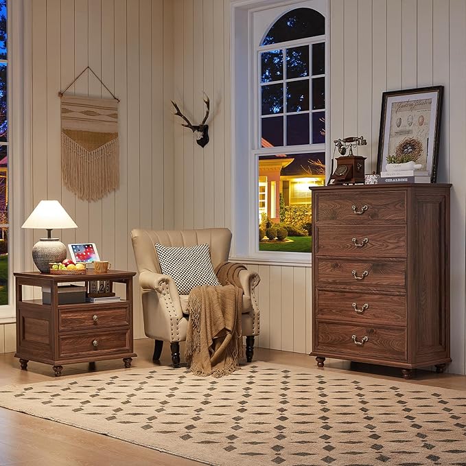 Farmhouse 5 Drawer Dresser Set of 2 for Bedroom, 45" Tall Rustic Chests of Drawers w/ 4 Solid Wood Feet, Mid Century Vintage Wooden Closet Storage Dressers Organizer for Living Room, Brown