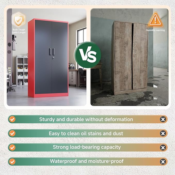 Letaya Metal Garage Storage Cabinets with Lock, 72" Tall Locker Organizer Steel Tool Cabinets,5 Adjustable Shelves 2 Doors for Home Office, Warehouse,Garage,Industrial,Employee (Black Red)