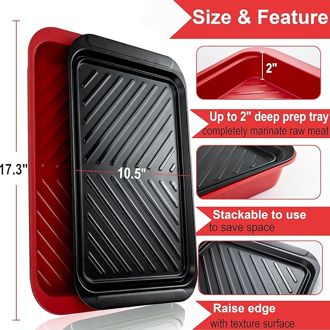KAQAHIDO Grilling Deep Prep and Serve Trays, BBQ Platter for Raw Meat Marinating and Finished Cooked Food, Melamine Serving Tray, Set of 2, Cleaning Pack Included
