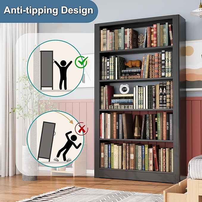 Heavy Duty Office Bookshelf, 5-Tier Adjustable Library Bookshelves, Modular Book Shelf with Expansion Capability, 69” Tall Metal Bookcase for Heavy Books, Living Room. Black Bookshelf.