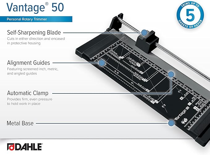 Dahle Vantage 50 Rotary Trimmer, 12" Cut Length, 5 Sheet Capacity, Self-Sharpening, Automatic Clamp, German Engineered Paper Cutter