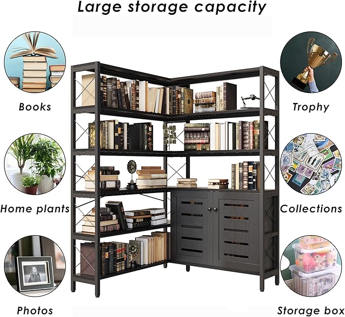 6-Shelf Corner Bookshelf, Vintage Industrial Corner Shelf Etagere Bookcase, Large Book Shelf with Metal Frame Open Storage Corner Cabinet (Black-Lockers, Large)