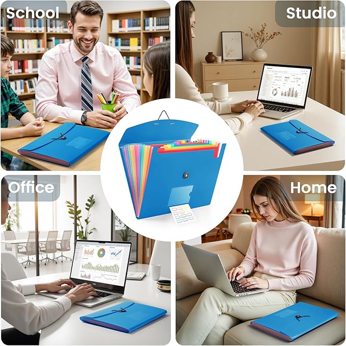13 Pocket Accordion File Organizer with Elastic Closure, Expanding File Folder for Letter Size A4 Papers, Ideal for Home, Office Supplies, College Essentials - Blue