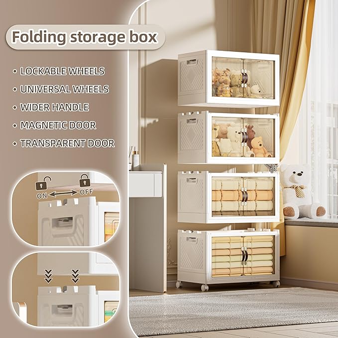 268 QT / 67 Gal Extra Wide Foldable Plastic Cabinet with Double Magnetic Doors & Leather Handles - Stackable, 4 Locking Wheels, Space Saving Storage for Small Spaces