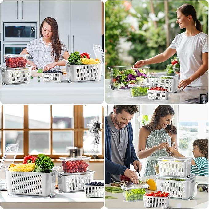 LUXEAR Fresh Container, 3PACK Produce Saver Container BPA Free Fridge Organizer for Vegetable Fruit and Salad Partitioned Food Storage Container with Vents Stay Fresh Containers Not Dishwashers Safe