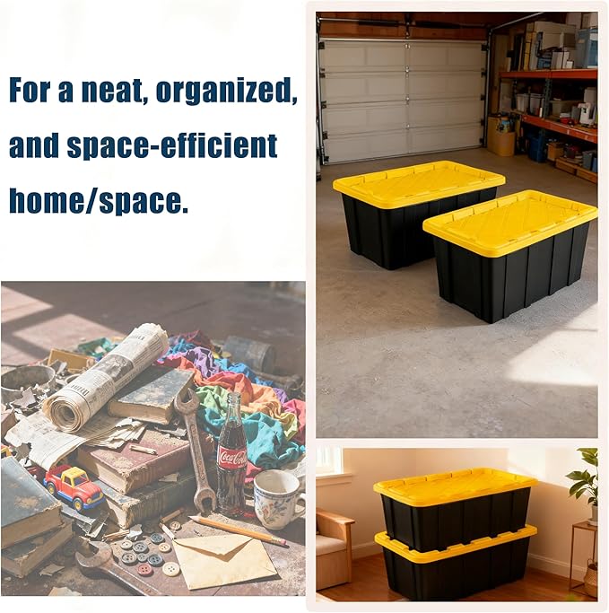 4-Pack Industrial Tote, Plastic Storage Container Bins with Lids, 7 Gallon - Heavy-Duty Organizing Containers for Home, Warehouse, and Transport