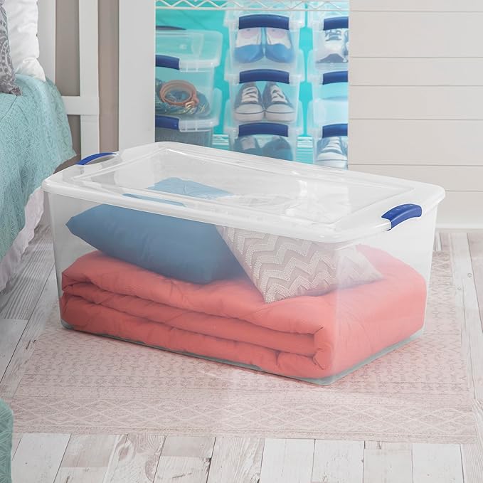 2-Pack 105 Quart Heavy Duty Plastic Storage Bins, Stackable Containers with Clear Lids & Blue Latches for Bedding, Clothing, Holiday Decor - Ideal for Garage & Closet