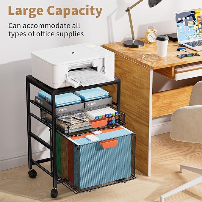 Marbrasse Rolling File Cart with Handle, Mobile File Cabinet on Lockable Wheels, Office Filing Cabinet Organizer, Printer Stand with Hanging File Folder Organizer for Home Office - Dark Brown