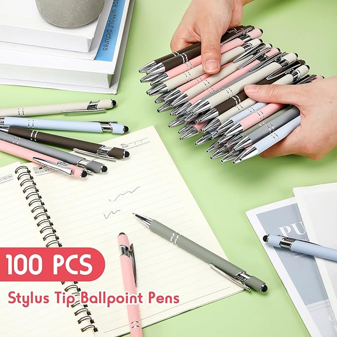Yeaqee 100 Pieces Ballpoint Pen with Stylus Tip Click, 2 in 1 Black Ink, 1.0 mm Medium Point Stylus Metal Pen for Touch Screen Tablet (Mixed Colors)