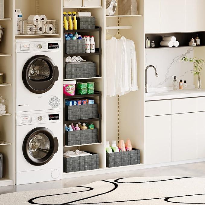 Woven Storage Baskets, Storage Bins, Cube Basket Container Baskets Storage Boxes Organizers for Clothes /Shelves/ Closet, Set of 6 (Grey)