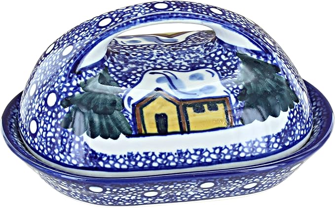Blue Rose Polish Pottery - Blue Winter Forest Butter Dish - Fits 1 Stick - Ceramic Covered Butter Holder with Lid, Decorative Design for Holiday Tableware
