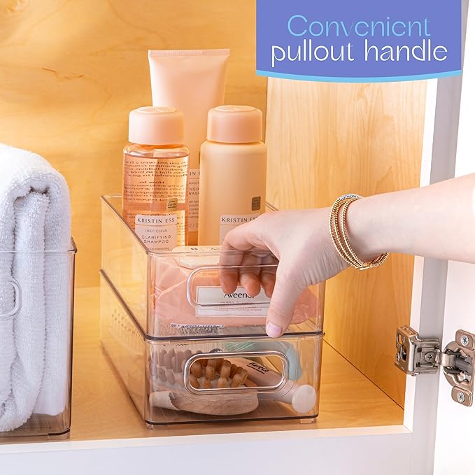 primebox 4 Pack Clear Plastic Organizing Container with Integraged Handles for Home Organization for Kitchen, Pantry, Fridge, Freezer, Cabinet,Bathroom, A&C Room, Stackable. 10"x6"x3"