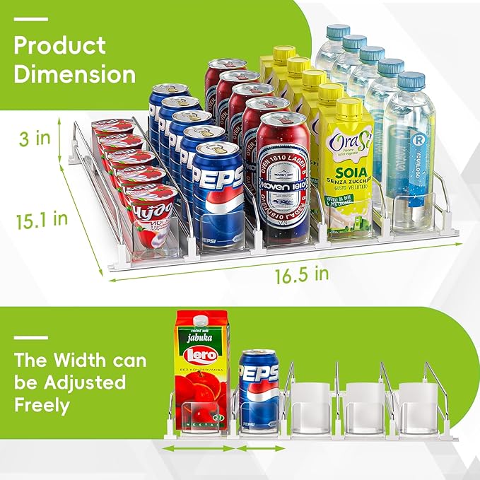 Soda Can Dispenser for Refrigerator,Self-Pushing Drink Organizer for Fridge, Width Adjustable Fridge Organization, Beer Pop Can Water Bottle Drink Dispenser for Fridge (15.1"D) White (5 Row, White)