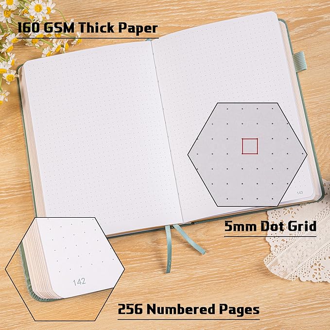 TIEFOSSI Bullet Dotted Journal Notebook, 160gsm 256 Numbered Thick Paper, A5 Hardcover Dotted Grid Diary for Women Men Work Writing, Bullet Journaling, Drawing, 5.8 x 8.3 in