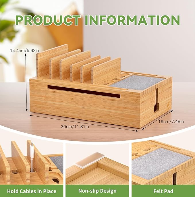 Pezin & Hulin Bamboo Charging Station, Electronic Devices Organizer for Multiple Devices Charger Such As Cell Phone, Tablet, Watch and More, Natural, (No USB Charger and Cables)