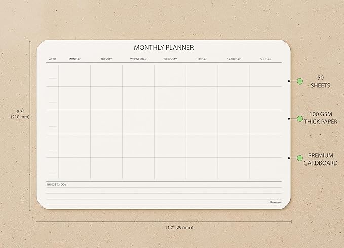Undated Monthly Planner Notepad,Desk Calendar for Organizing&Scheduling Tasks-Productivity Tracker,Goals,Notes&To-Do Lists–A4 Size (8,3"X11,7")Premium Thick Paper with Cardboard Back Support 50 Sheets
