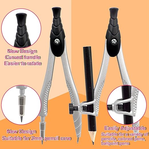 Professional Geometry Compass Set, Starter Compass Set Includes 2 Drafting Compasses, Protractor, 2 Set Squares, Ruler in Storage Box, Back-to-School Math Supplies for Students, Black