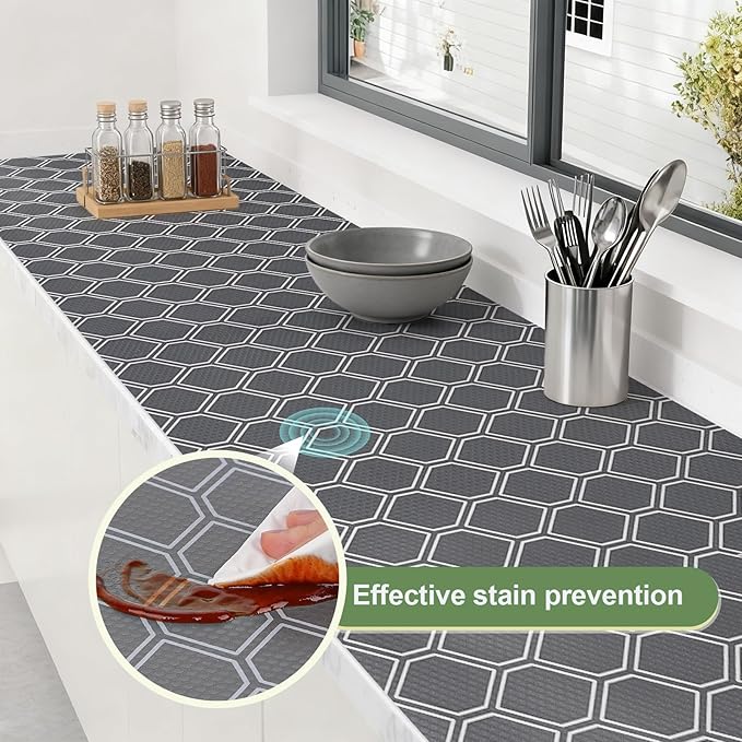 Non-Adhesive Shelf Liner Roll - Waterproof No-Slip Drawer & Cabinet Mat for Kitchen, Refrigerator, Bathroom, Easy to Cut EVA Drawer & Shelf Liners, 12" x 118", Grey