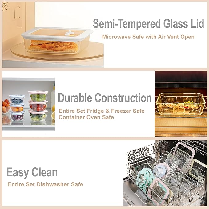 Urban Green Glass Food Container Set with Glass Lid, 4 Pack, Food Storage Containers with Airtight Lid, LeakProof, 100% Plastic Free, Meal Prep Container Set