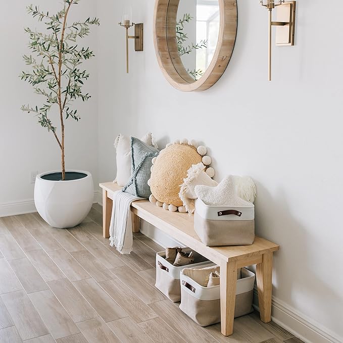 OrganiHaus Large Fabric Storage Baskets for Shelves 3 Pack, 15x11in Closet Storage Bins for Shelves, Canvas Baskets for Organizing, Linen Closet Organizers, Cloth Basket, Beige/Off-White