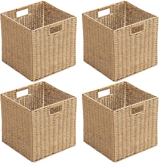 Handwoven Paper Woven Cube Basket Organizer with Handles set of 4 Foldable Storage baskets for Bedroom Living Room Cubby Storage Units for Clothes Books Toys (Natural, 13" L x 13" W x 13" H)