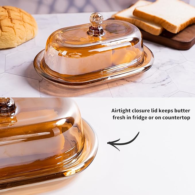 7.5" Glass Butter Dish with Lid for Countertop, Elegant Champagne-Colored Crystal Butter Stick Holder Container