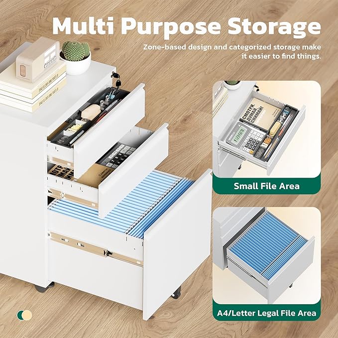 Greenvelly 3 Drawer Mobile File Cabinet with Lock, Fully Assembled Rolling File Cabinet Except Casters, Under Desk File Cabinet with Wheels for Home Office Fit Legal/Letter/A4 File (Assembled, White)
