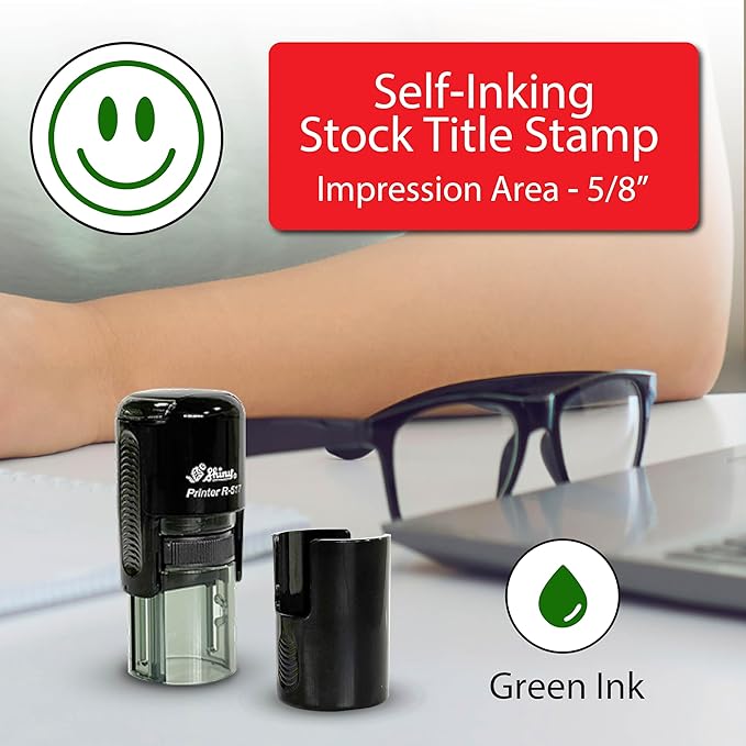 Shiny Smiley Face Teacher Stamp, Round Self Inking Stamp for Classroom, Green Ink