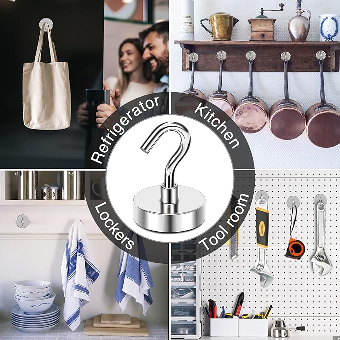 MIKEDE Magnetic Hooks, 85 Lbs Heavy Duty Earth Magnets with Hooks for Cruise Cabin, 10 Pcs Strong Locker Magnetic Hooks for Hanging, Metal Magnetic Hanger for Classroom, Grill, Fridge, Kitchen