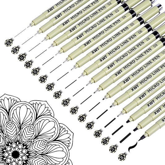 16pcs Fineliner Micro Drawing Art Pens, Black Waterproof Pigment Ink Set for Artists, Sketching, Manga, Watercolor, Calligraphy, and Detail Outlining Archival Quality Inking Markers