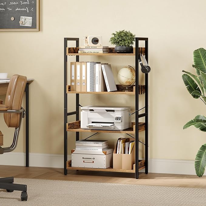 Rolanstar Bookshelf 4 Tier with 4 Hooks, Industrial Wood Bookcase, Vintage Storage Rack with Open Shelves, Rustic Standing Bookshelves Metal Frame Display Rack for Living Room, Bedroom, Rustic Brown